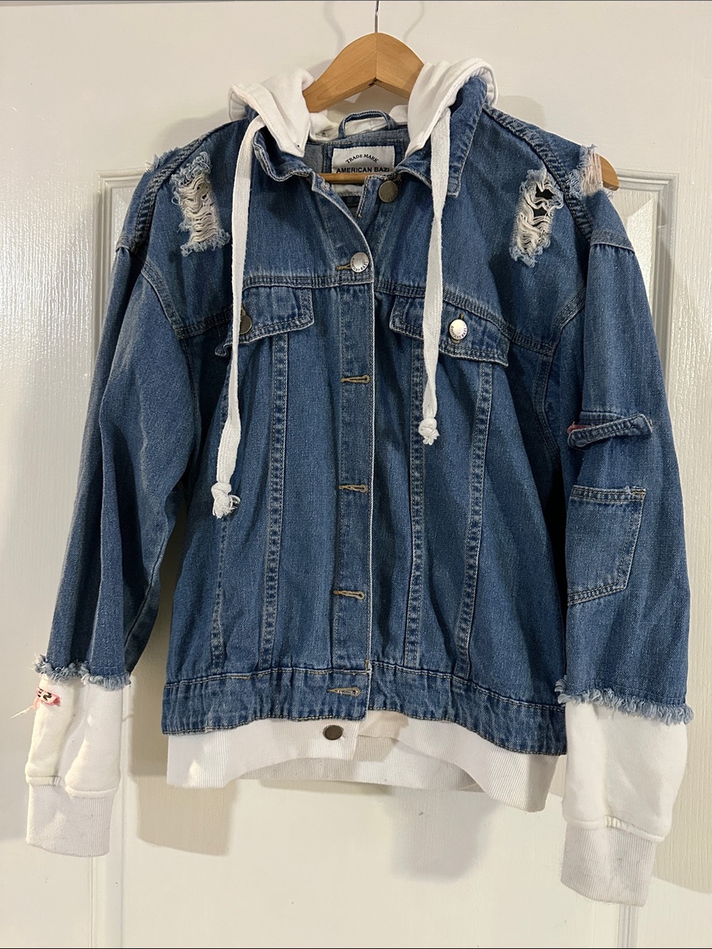 American Rag Blue Denim Jacket with White removable Hood & Cuffs